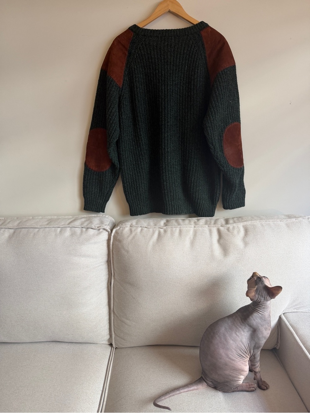 Dark Green Knit Sweater with Brown Elbow Patches